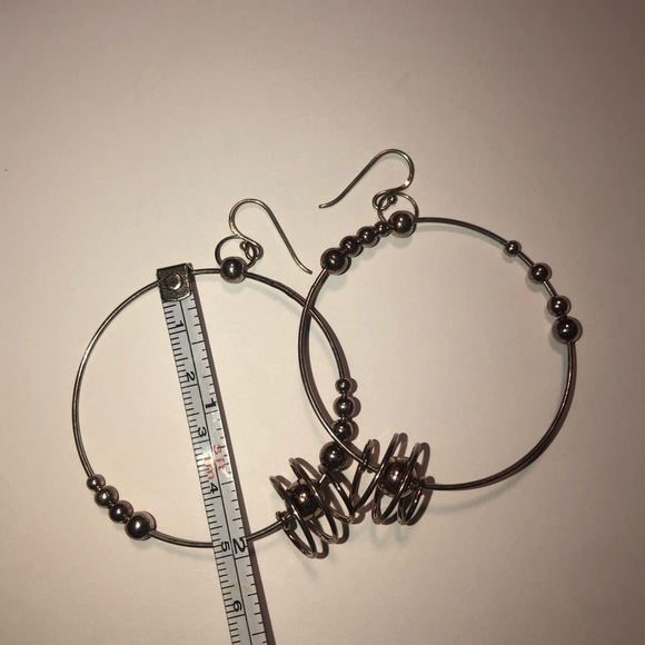 VTG Sterling Large Beaded Spiral Centre Hoop Dangle Earrings 2” / 2.75” Total - Picture 6 of 7